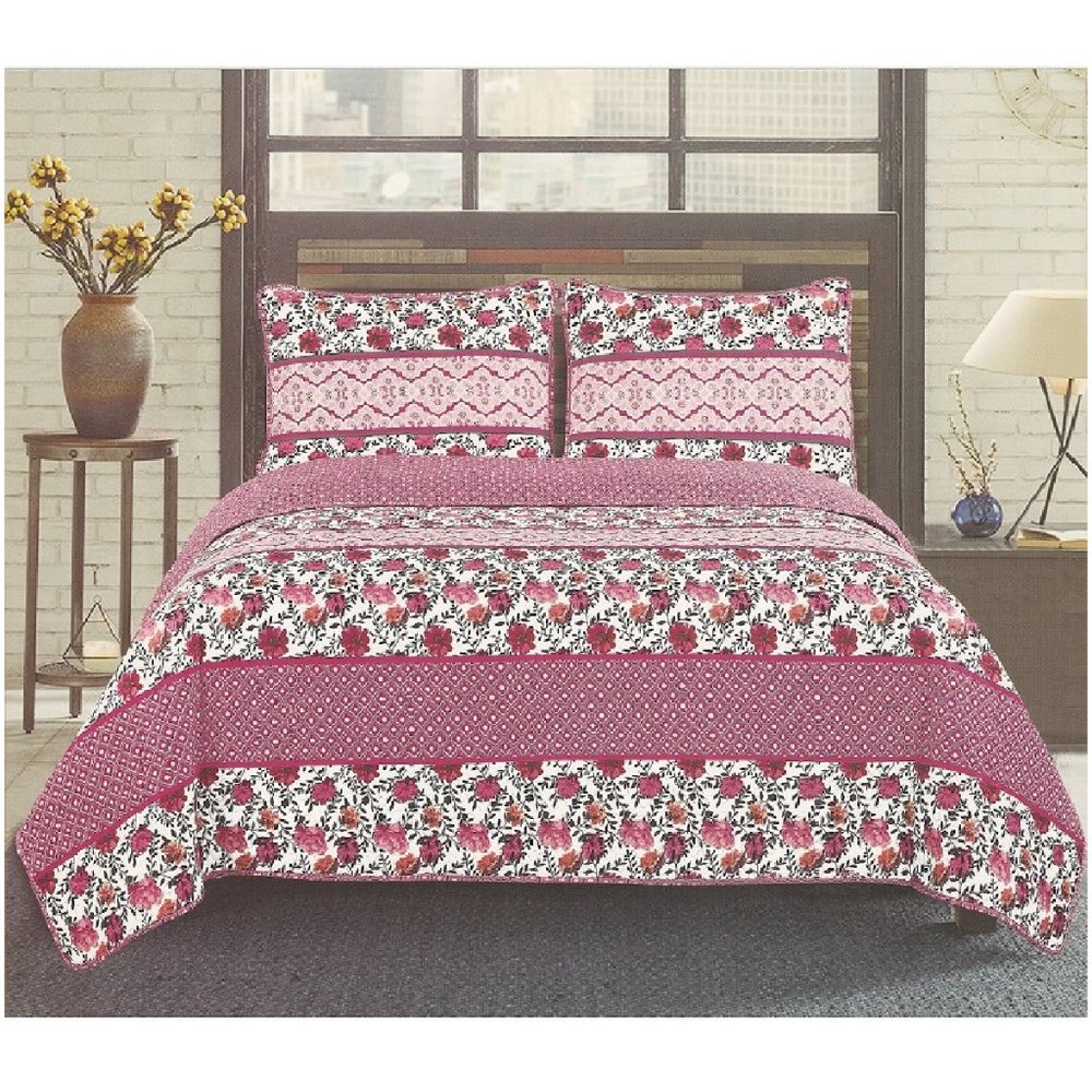 3 Piece Quilted Floral Bedspread Set - Red Floral & Geometric Patterns